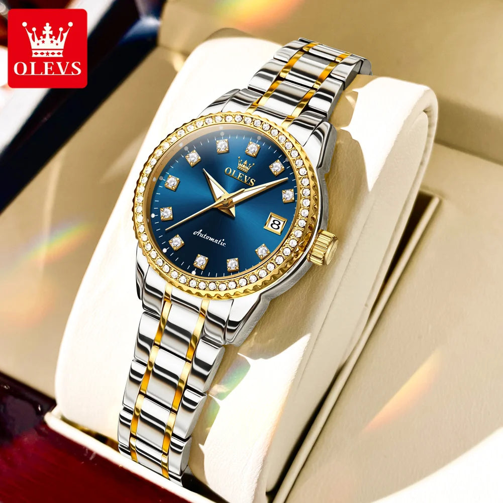OLEVS Automatic Watch for Women Diamond Gold Luxury Stainless Steel Elegant Original Women's Automatic Watch Necklace Gift Set