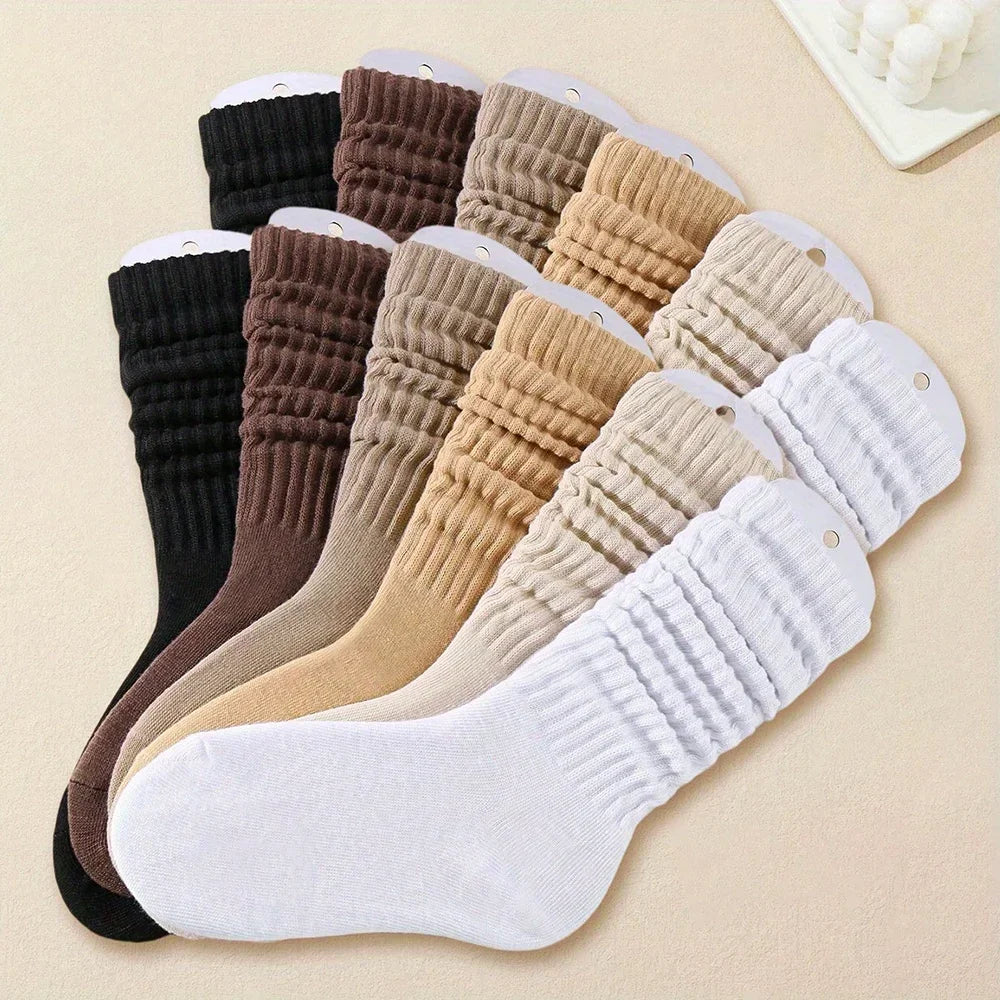 6 pairs of women's mid leg pleated socks, suitable for casual clothing, daily comfortable and soft texture