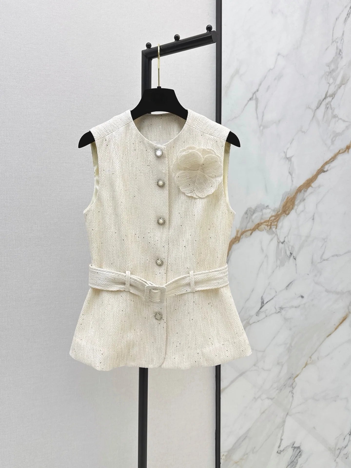Women's Sleeveless Round Neck Single Breasted Vest With Waistband For Spring And Autumn Fashion, Casual And Elegant Style 267144