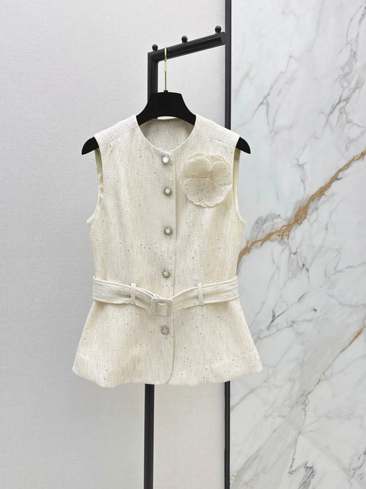 Women's Sleeveless Round Neck Single Breasted Vest With Waistband For Spring And Autumn Fashion, Casual And Elegant Style 267144