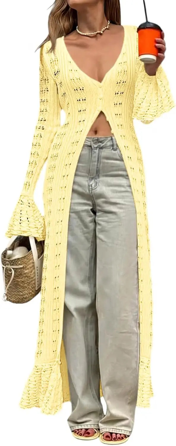 Womens Crochet Long Cardigans Duster Button Up Bell Long Sleeve Ruffle 2026 Summer Boho Beach Cover Ups