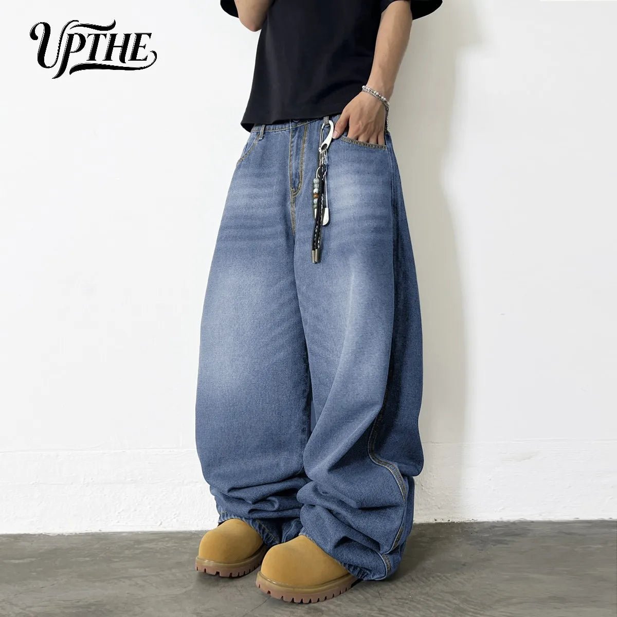 UP.THE Men Light Wash Baggy Wide Leg Jeans, Y2K Oversized Loose Denim Pants, Casual Relaxed Fit Trousers for Daily Shopping Office Wear