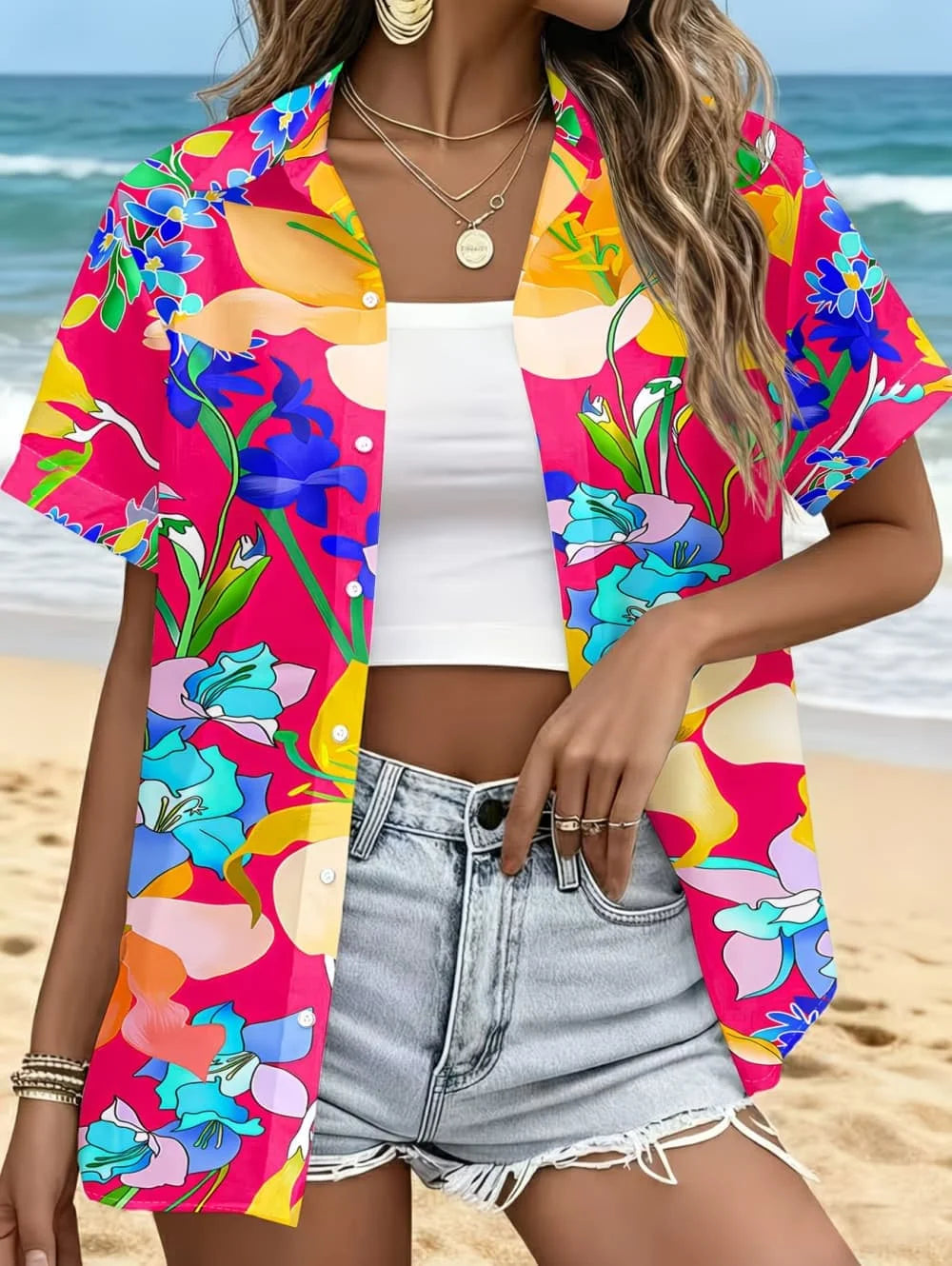 Neon Green Star Pattern Lapel Shirt for Women Leopard Lightning 3D Print Hawaiian Shirts Fashion Short Sleeve Tops Button Blouse