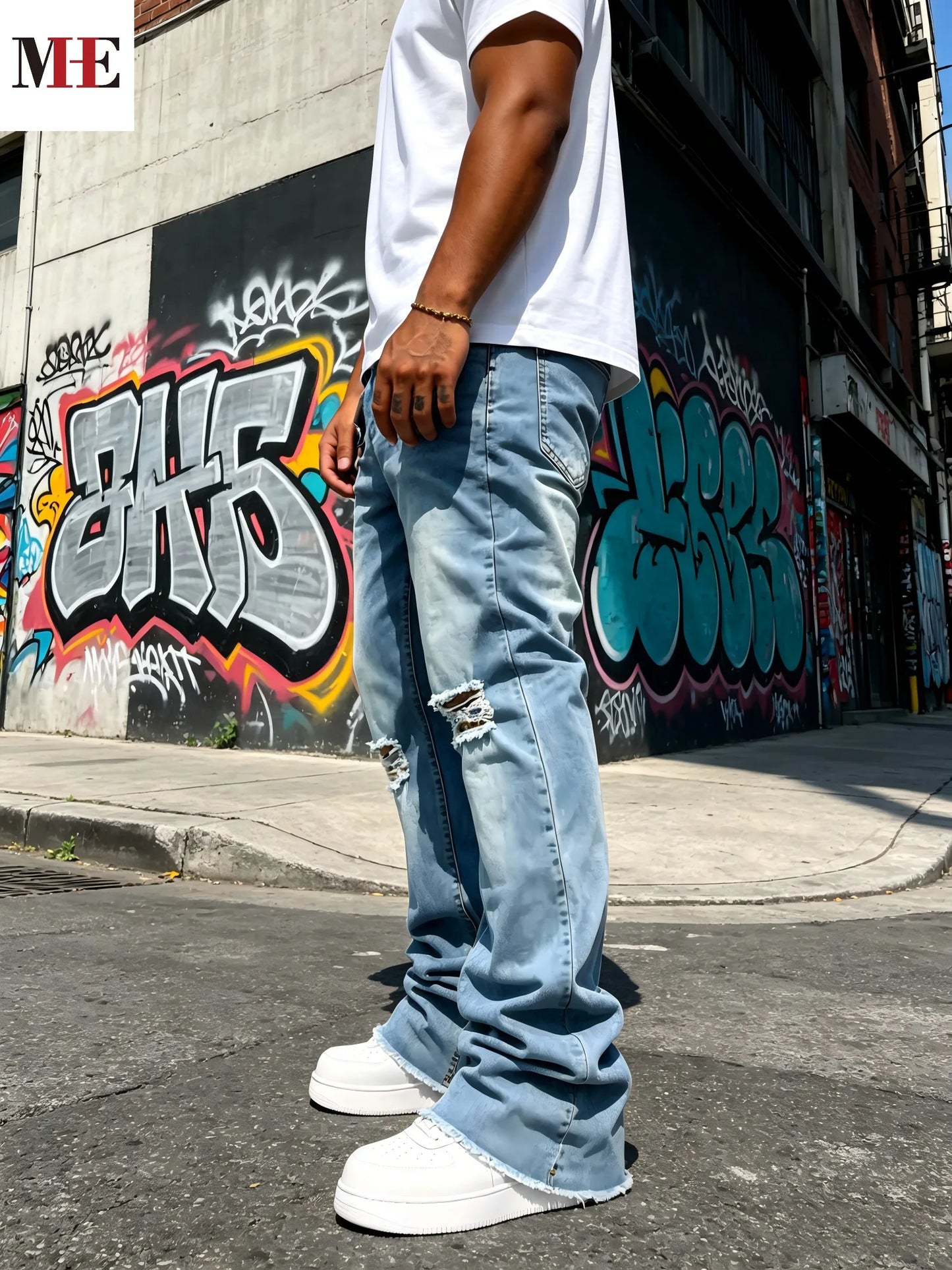 HME Men's Light Blue Denim Pants, Distressed Flared Jeans with Knee Rips & Frayed Hem for Streetwear