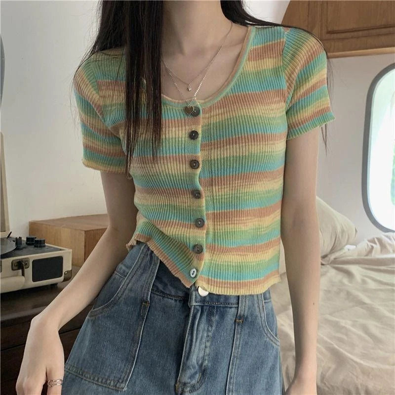 Colorful Striped Knitted Short Sleeve T-shirt Women Summer Korean Style Slim Fit Short Cardigan Woman O-Neck Single-breasted Top