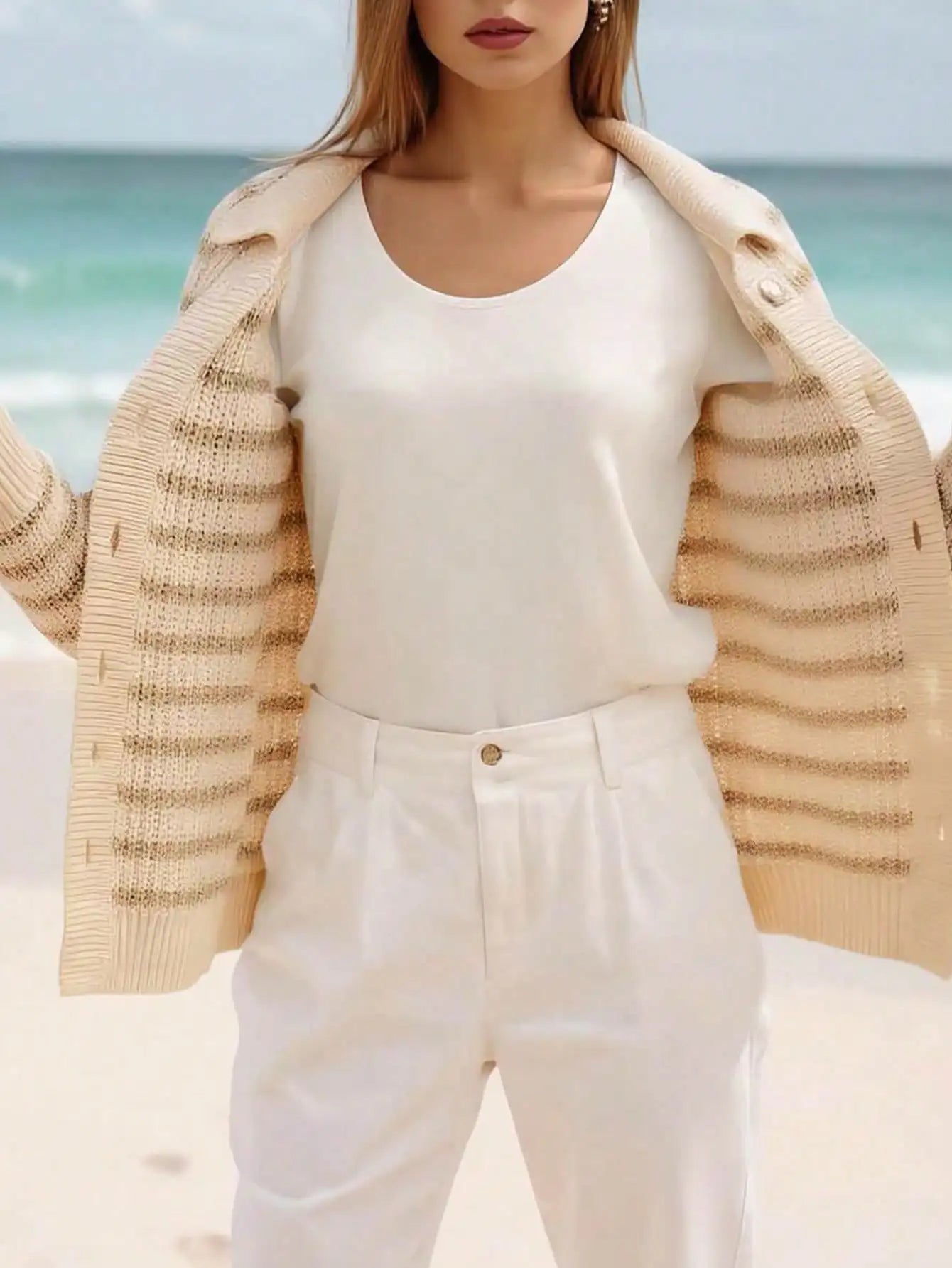 Fisoew polo Neck Knit Cardigan | Women's Open Front Long Sleeve Sweater | Button-Down Jacket Style Cover-Up