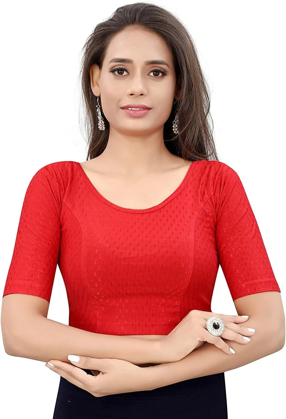 Round Neck dobby Cotton Lycra Stretchable Elbow Sleeve Blouse
