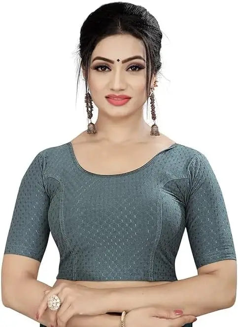 Round Neck Dobby Cotton Lycra Stretchable Elbow Sleeve Readymade Saree Blouse for Women Stylish