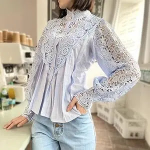 Women’s Elegant Lace Trim Shirts/Casual Victorian Blouse/Long Sleeve Button Down Tops