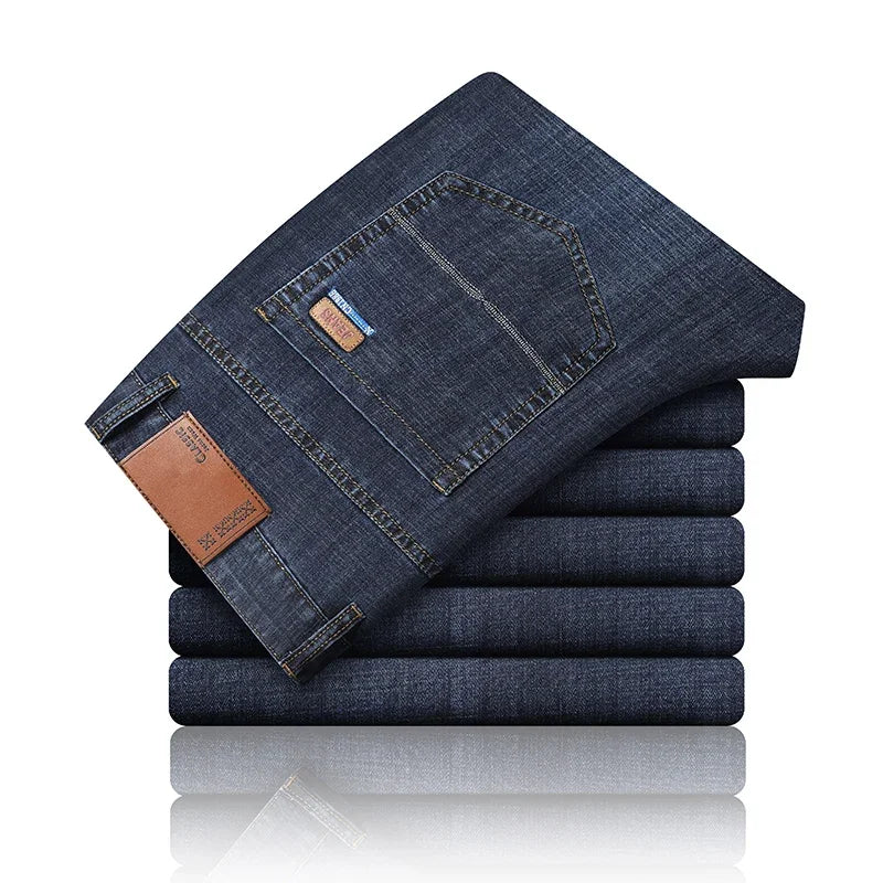 Men Summer Ice Silk Thin Stretch Straight Jeans, Lightweight Cotton Business Casual Denim Trousers