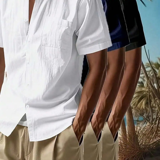 3pcs Men's Solid Color Linen Shirts: 3 Colors Available, A Must-Have For Summer Casual Outings