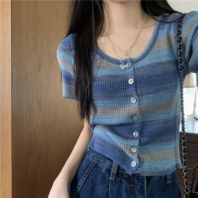 Colorful Striped Knitted Short Sleeve T-shirt Women Summer Korean Style Slim Fit Short Cardigan Woman O-Neck Single-breasted Top