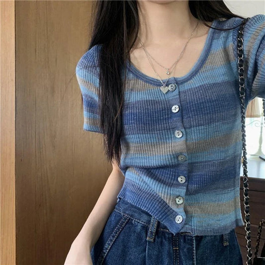 Colorful Striped Knitted Short Sleeve T-shirt Women Summer Korean Style Slim Fit Short Cardigan Woman O-Neck Single-breasted Top