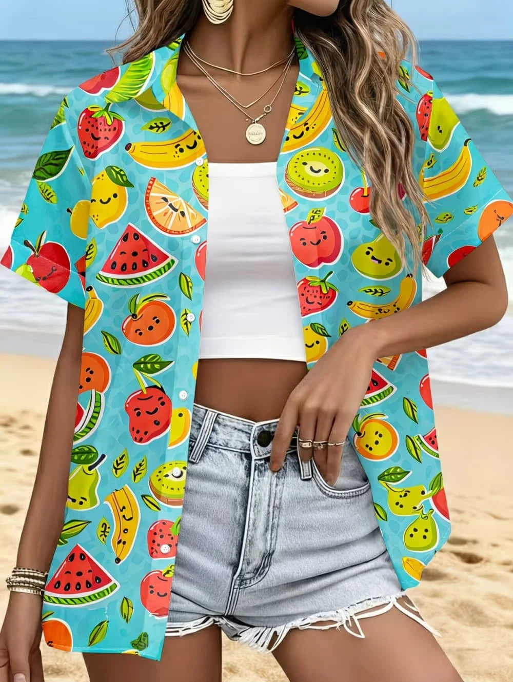 Neon Green Star Pattern Lapel Shirt for Women Leopard Lightning 3D Print Hawaiian Shirts Fashion Short Sleeve Tops Button Blouse