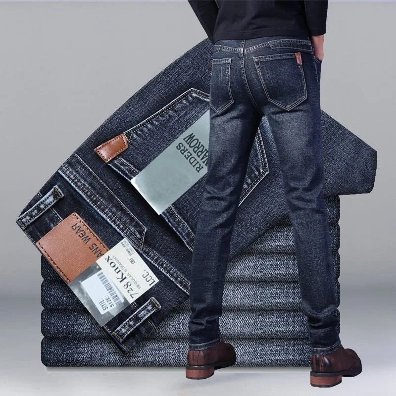 Spring Autumn Business Men Jeans Casual Straight Stretch Classic Black/ Sky Blue/ Grey Work Denim Trousers Brand Clothing
