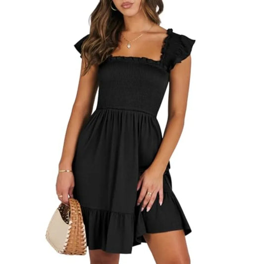 ANRABESS Women's Summer Casual Sleeveless Square Neck Dress 2026 Smocked Ruffle Backless Boho Beach Cute Teen Short Sundress