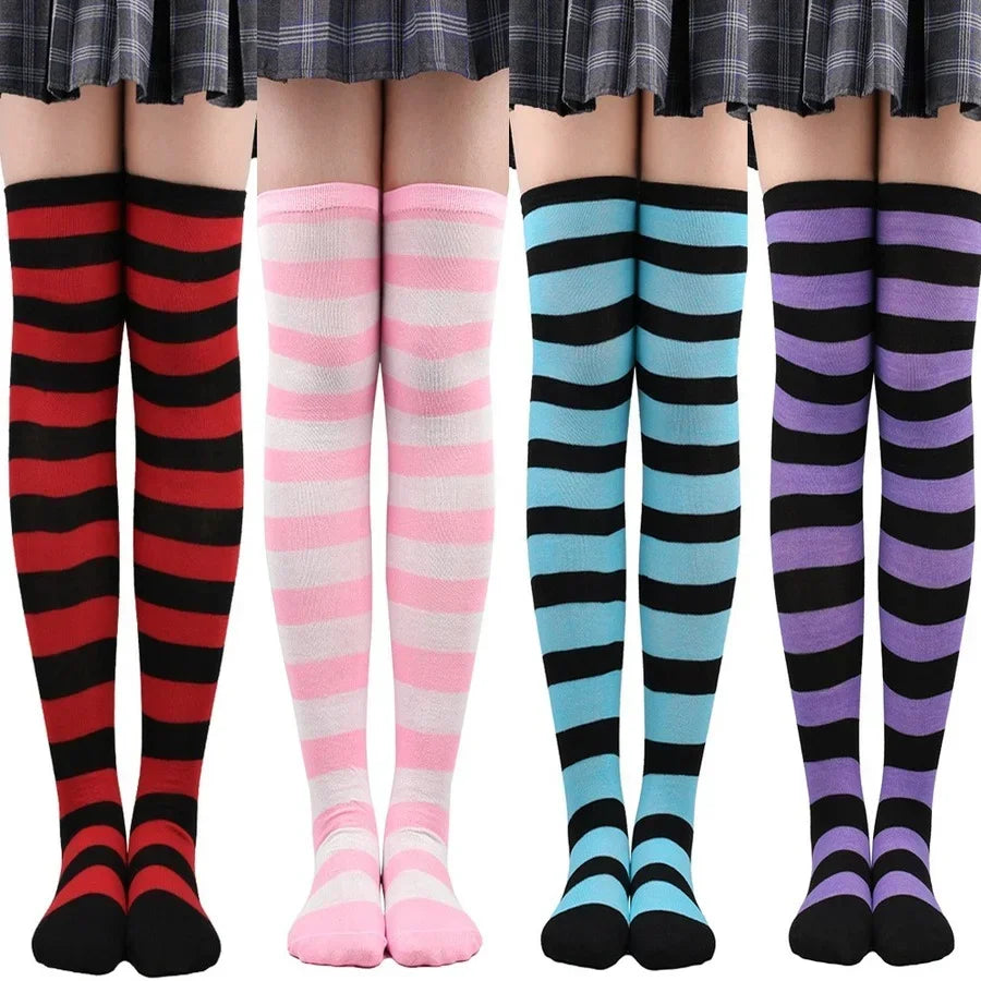 Womens Striped Thigh High Stockings Ladies Girls Black White pink Long Over Above Knee Socks femboy Cosplay Lolita Harajuku Y2k