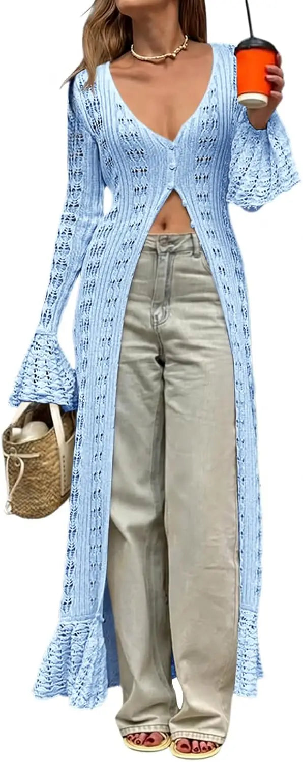 Womens Crochet Long Cardigans Duster Button Up Bell Long Sleeve Ruffle 2026 Summer Boho Beach Cover Ups