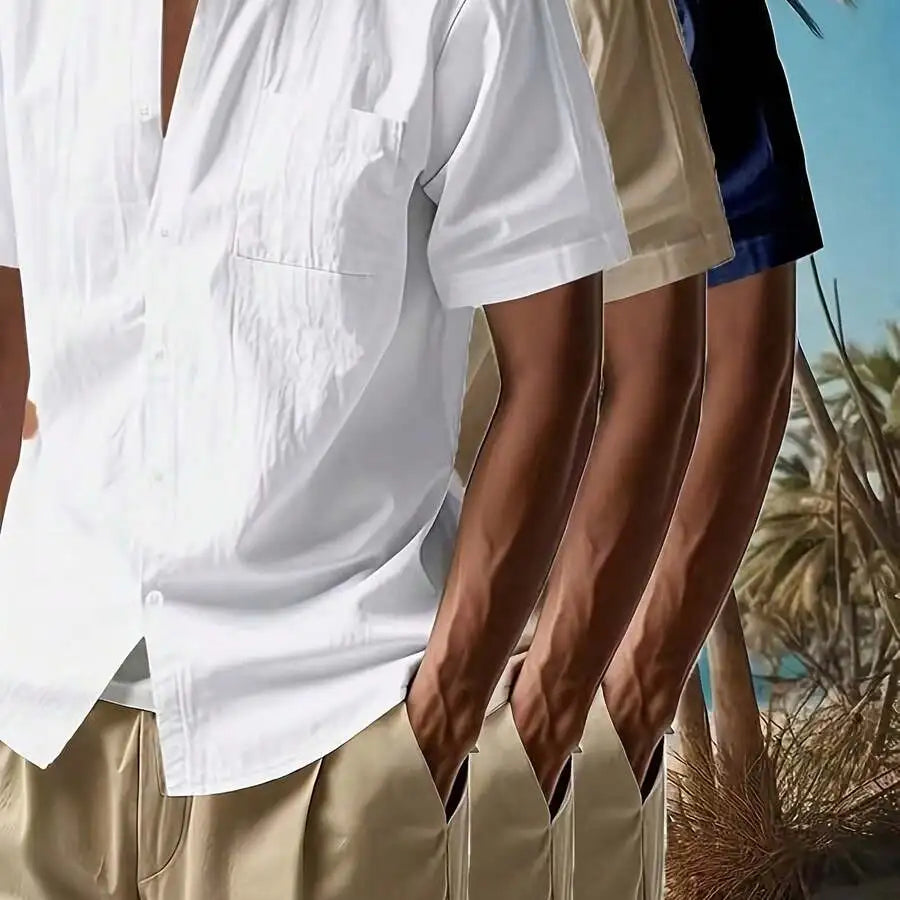 3pcs Men's Solid Color Linen Shirts: 3 Colors Available, A Must-Have For Summer Casual Outings