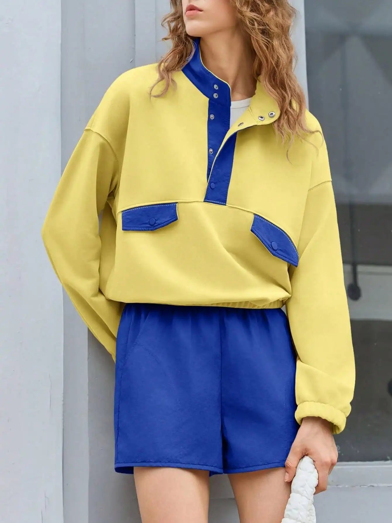 Womens Two Piece Outfits Casual Loose Lounge Set Y2K Color Block Sweatshirt And Running Shorts Fall Streetwear Tracksuit