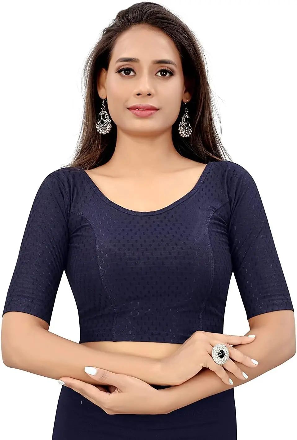 Round Neck dobby Cotton Lycra Stretchable Elbow Sleeve Blouse