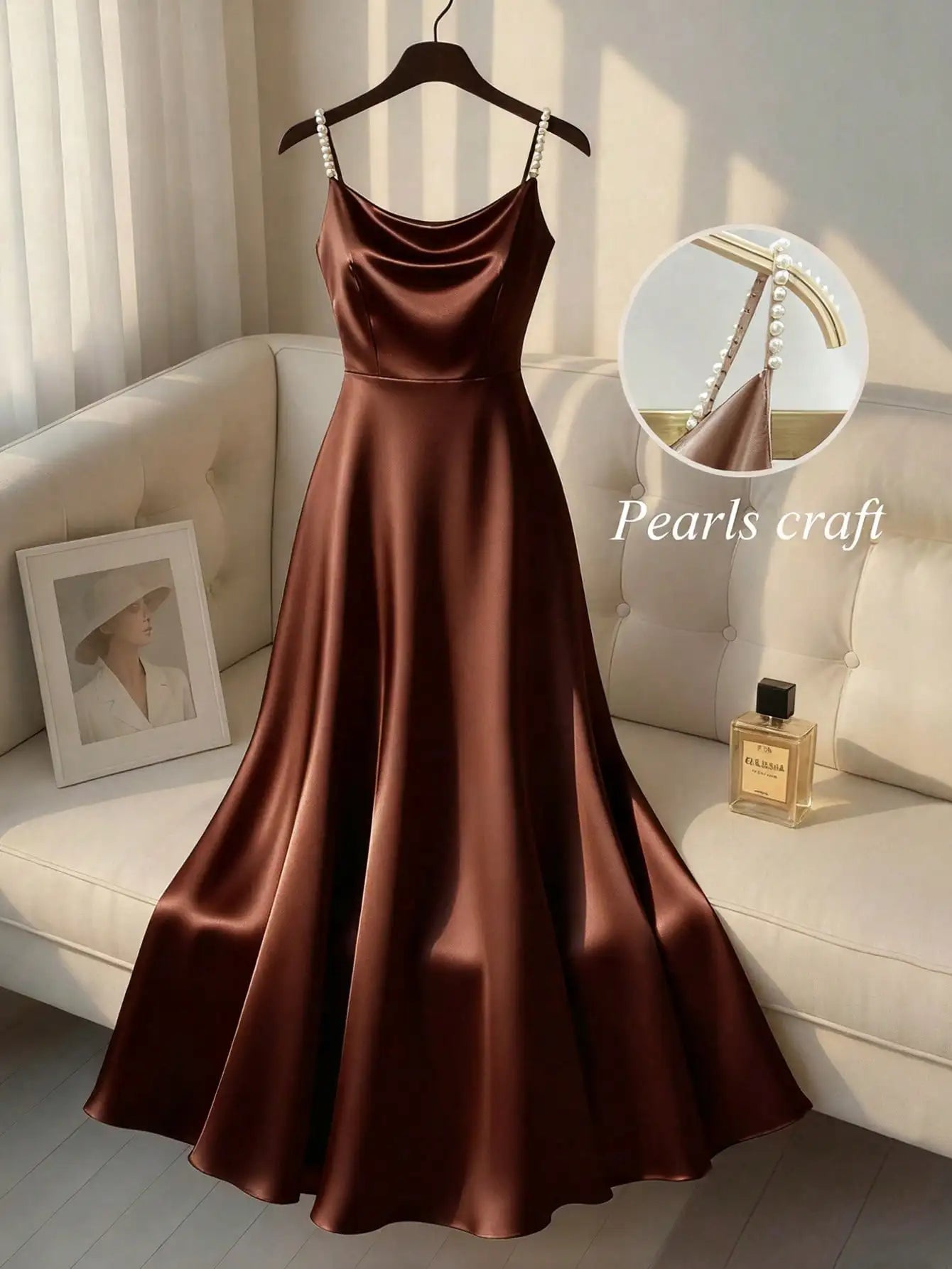 Elegant Satin Pearl Strap Slip Dress A-Line Floor Length For Party Event