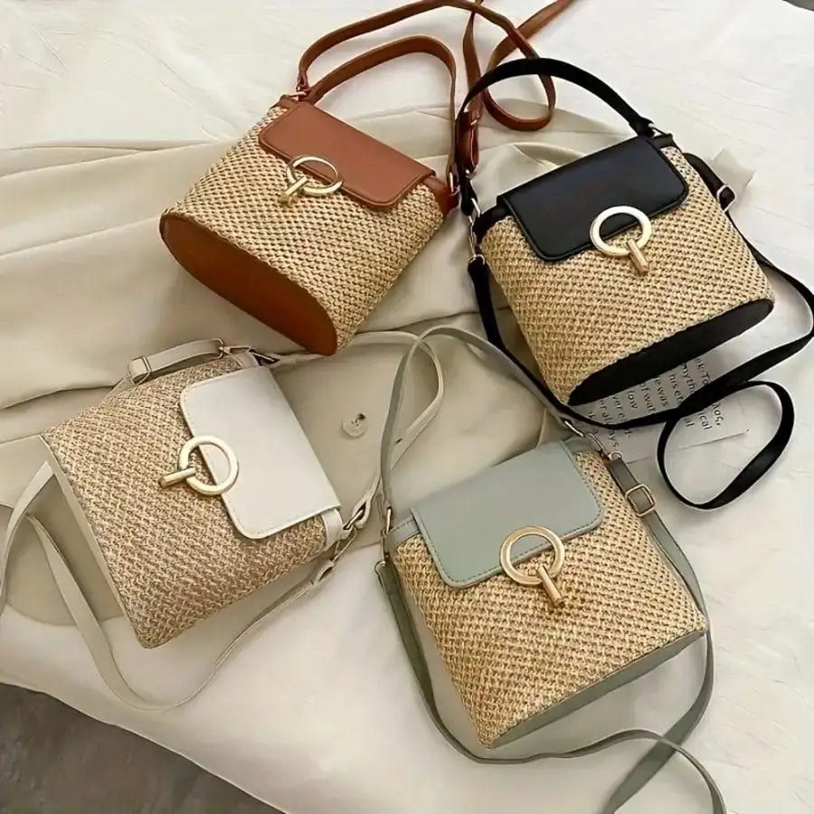 Woven Beach Crossbody Bag, Multi-Functional Adjustable Shoulder Strap, Golden Lock, Suitable For Vacation And Casual Daily Use, Brown/Black/White/Light Blue High-Quality Decorative Travel Handbag