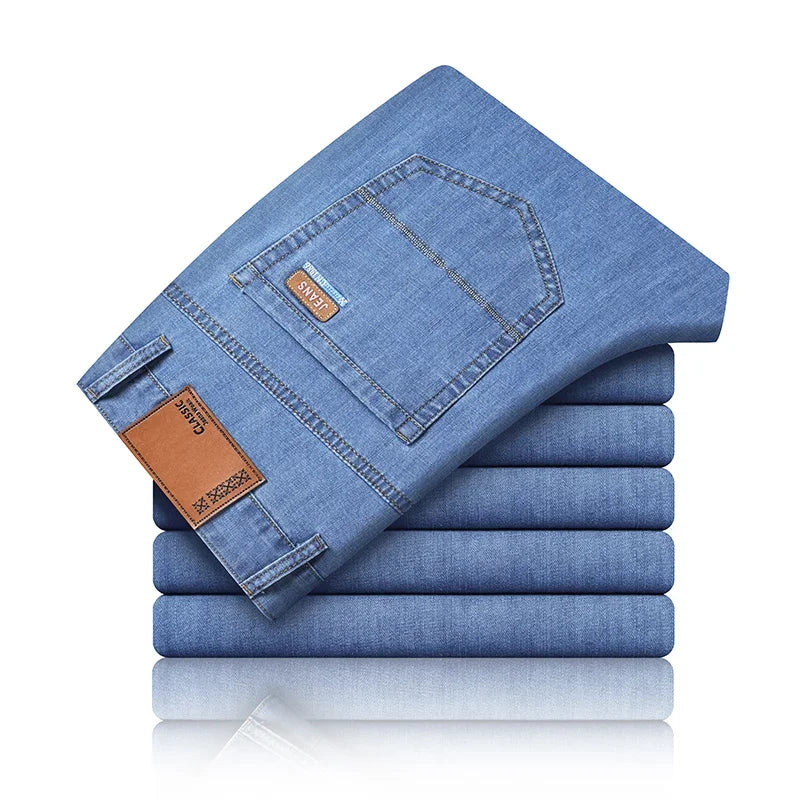 Men Summer Ice Silk Thin Stretch Straight Jeans, Lightweight Cotton Business Casual Denim Trousers