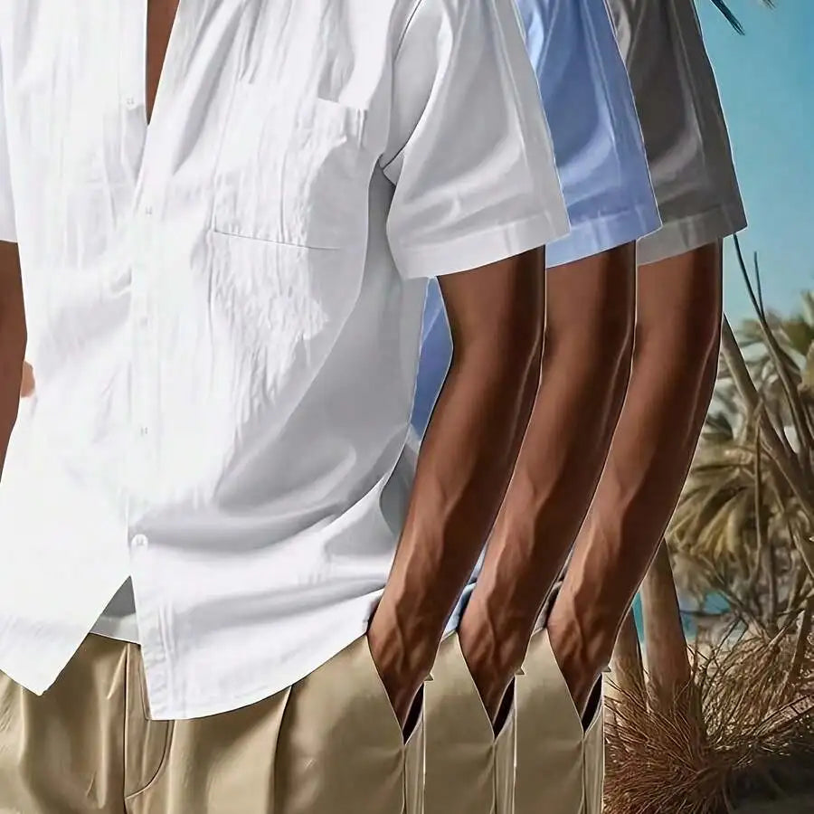 3pcs Men's Solid Color Linen Shirts: 3 Colors Available, A Must-Have For Summer Casual Outings