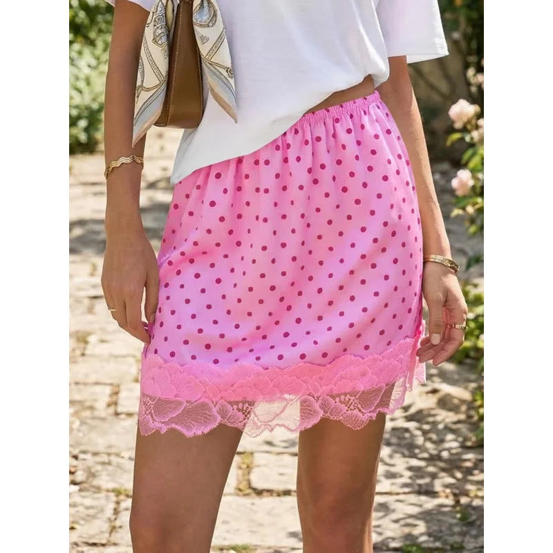 Womens Polka Dot Skirt Lace Satin Casual High Waist A Line Summer Mini Skirts