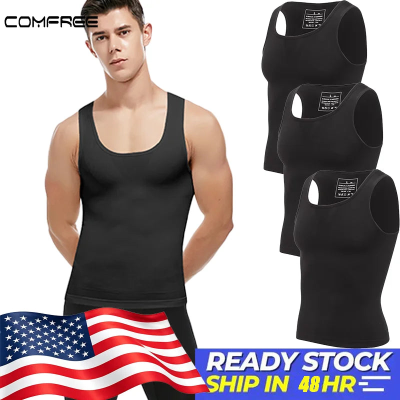 3 PCS Men's Tank Top Undershirt Tummy Control Shapewear Breathable Back Support Underwear Slimming High Stretch Waist Trainer Compression Sleeveless Wide Strap Top