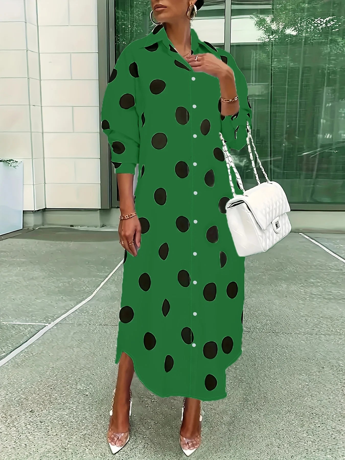 European and American plus size women's large polka dot lapel shirt dress; black polka dot single-breasted loose long sleeve side slit midi shirt dress