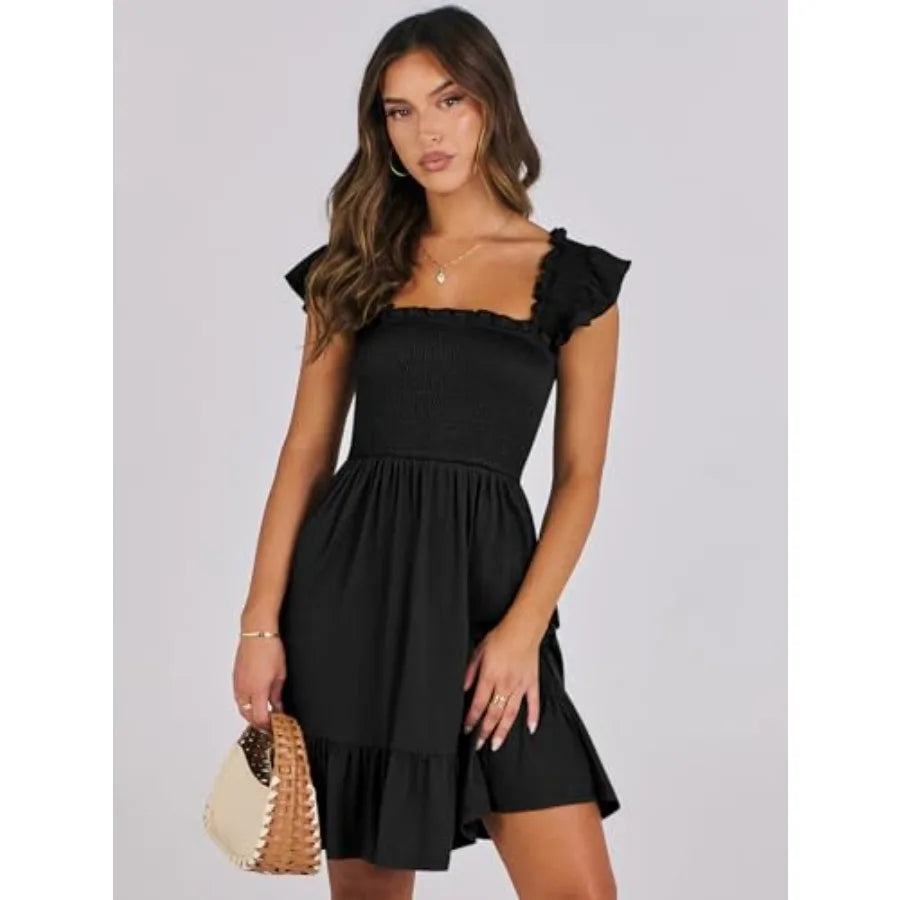 ANRABESS Women's Summer Casual Sleeveless Square Neck Dress 2026 Smocked Ruffle Backless Boho Beach Cute Teen Short Sundress