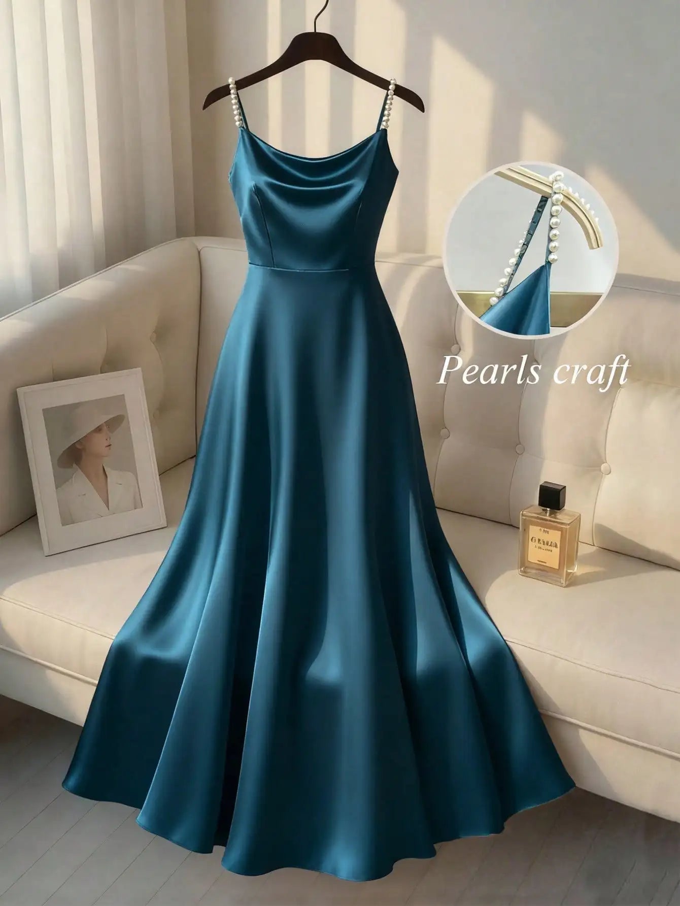 Elegant Satin Pearl Strap Slip Dress A-Line Floor Length For Party Event