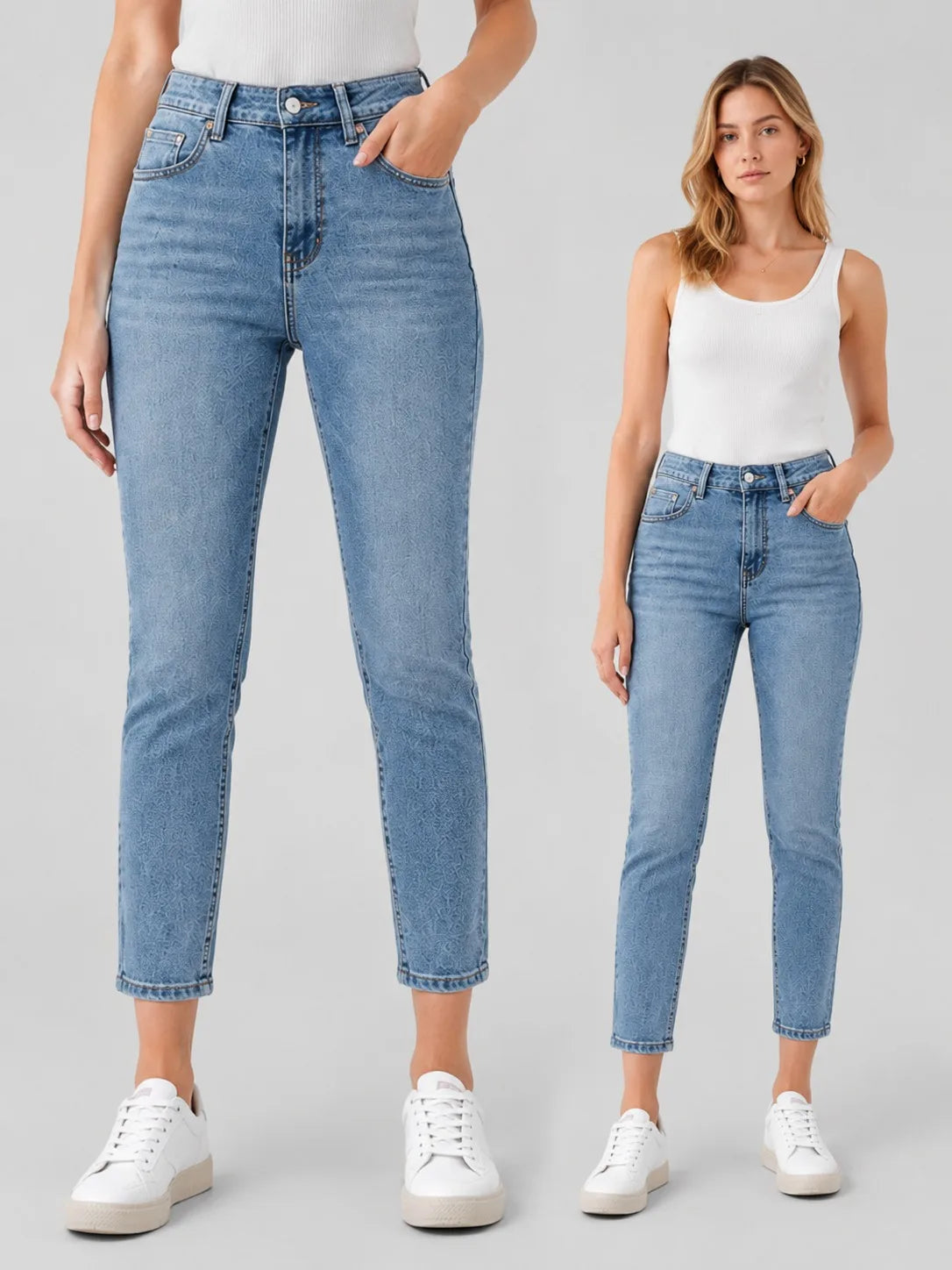 Summer women's mid waist elastic washed blue tight jeans with pockets, versatile and casual, suitable for casual wear outside