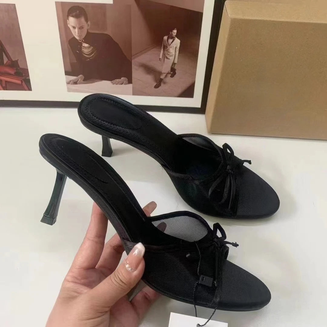 Summer New 2026 French-Style Pointed High Heels with Ankle Strap, Bow Decoration, Open Toe, Backless, Slip-On Sandals