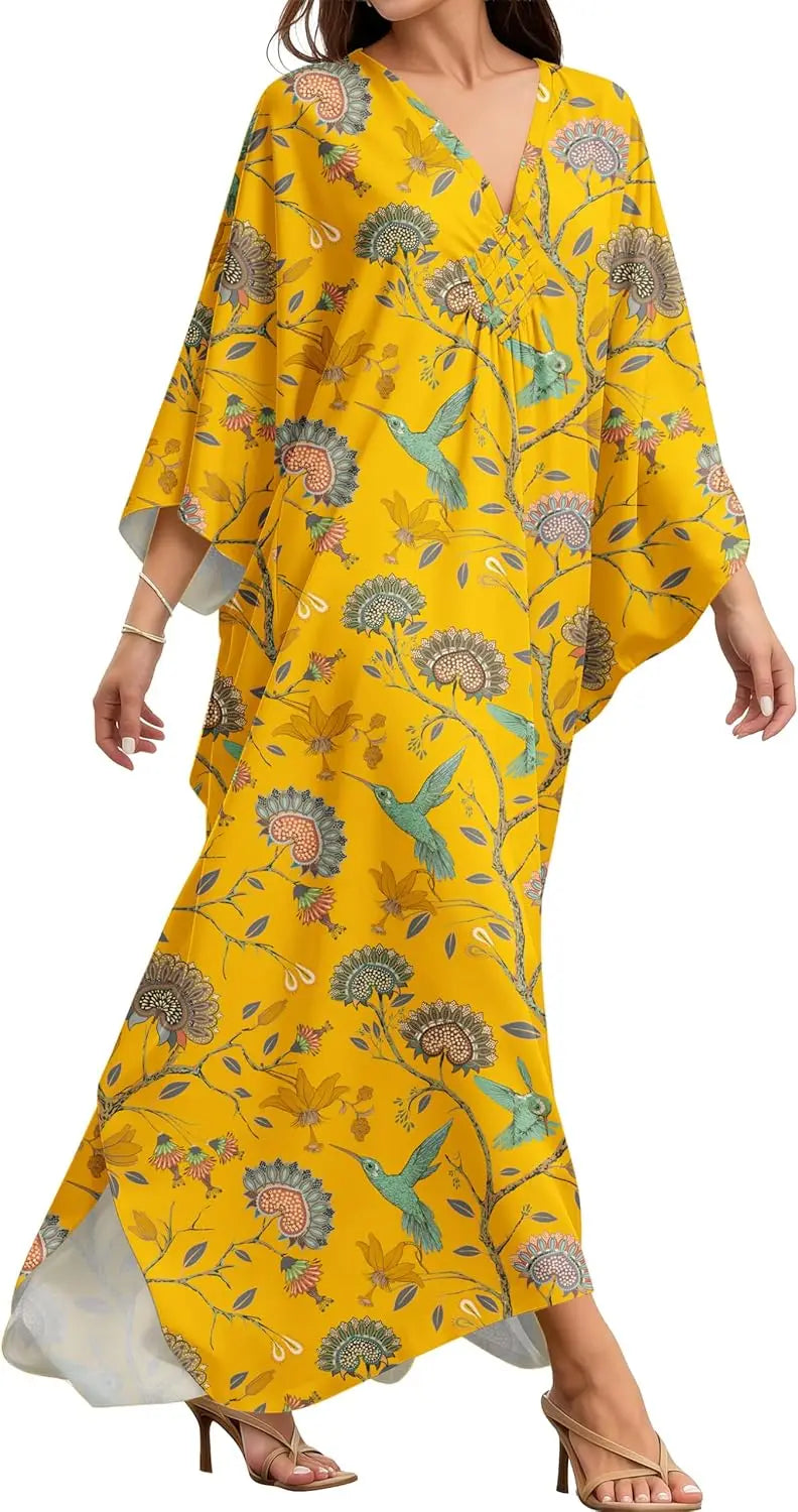 Kaftan Dresses for Women, V Neck Moo Moos Colorful Print Cover Ups Caftan Beach Dresses for Swimwear