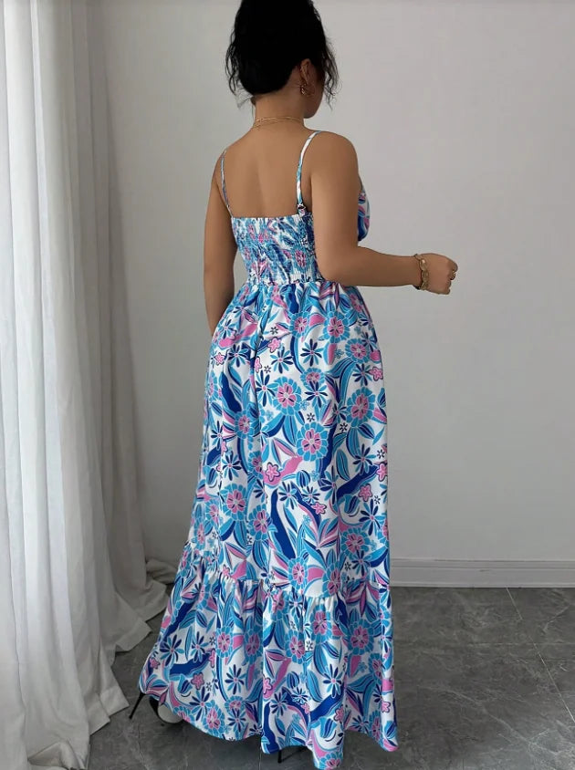 Plus Size Women's Gentle Style Blue and White Floral Camisole Dress; Plus Size Loose Fit; Daily Commute Elegant Long Dress