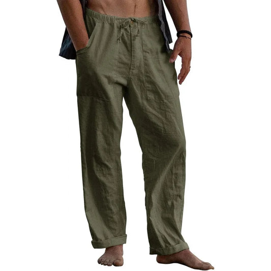 Mens Linen Pants Elastic Waist Drawstring Loose Fit Casual Summer Beach Pants with Pockets Baggy Trousers