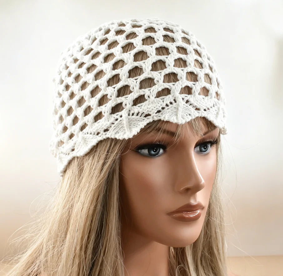 New Women Spring Summer Adjustable Mesh Knitted Pearl pendant Hat Fashion Breathable hollow woven artist with pullover charm Cap