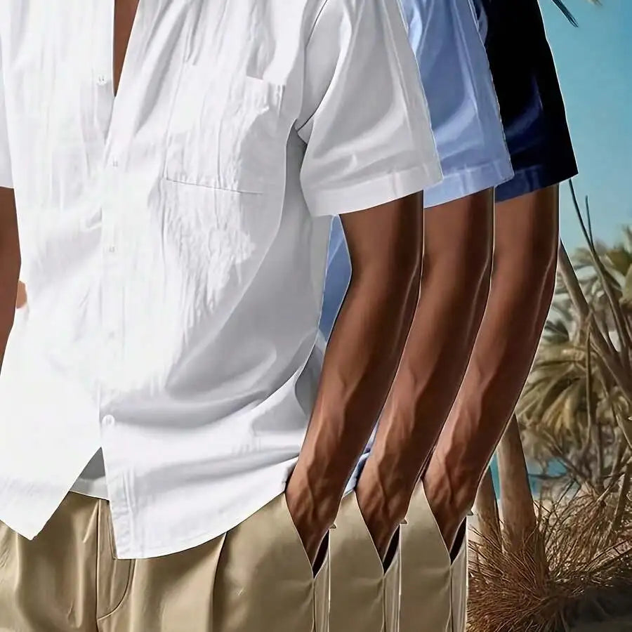 3pcs Men's Solid Color Linen Shirts: 3 Colors Available, A Must-Have For Summer Casual Outings