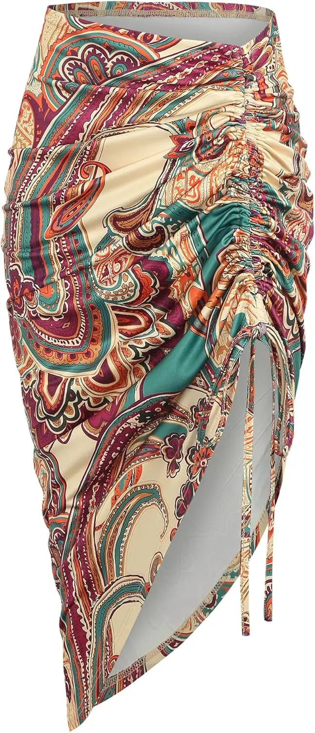Women's Boho Skirt Asymmetrical Skirts Tied Floral Paisley Printed High Waist Ruched Skirts for Women
