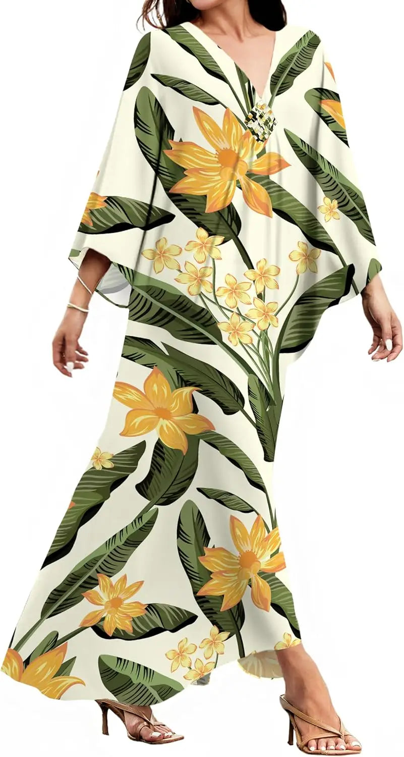 Kaftan Dresses for Women, V Neck Moo Moos Colorful Print Cover Ups Caftan Beach Dresses for Swimwear