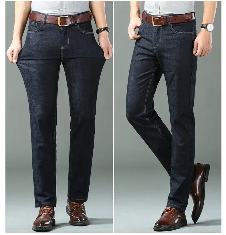 Men Summer Ice Silk Thin Stretch Straight Jeans, Lightweight Cotton Business Casual Denim Trousers