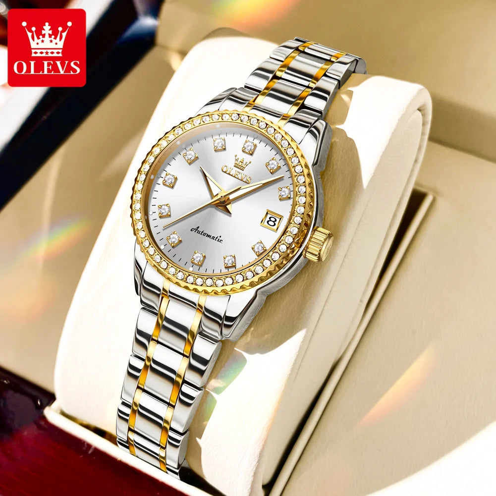 OLEVS Automatic Watch for Women Diamond Gold Luxury Stainless Steel Elegant Original Women's Automatic Watch Necklace Gift Set