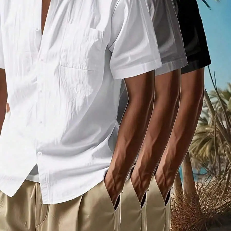 3pcs Men's Solid Color Linen Shirts: 3 Colors Available, A Must-Have For Summer Casual Outings