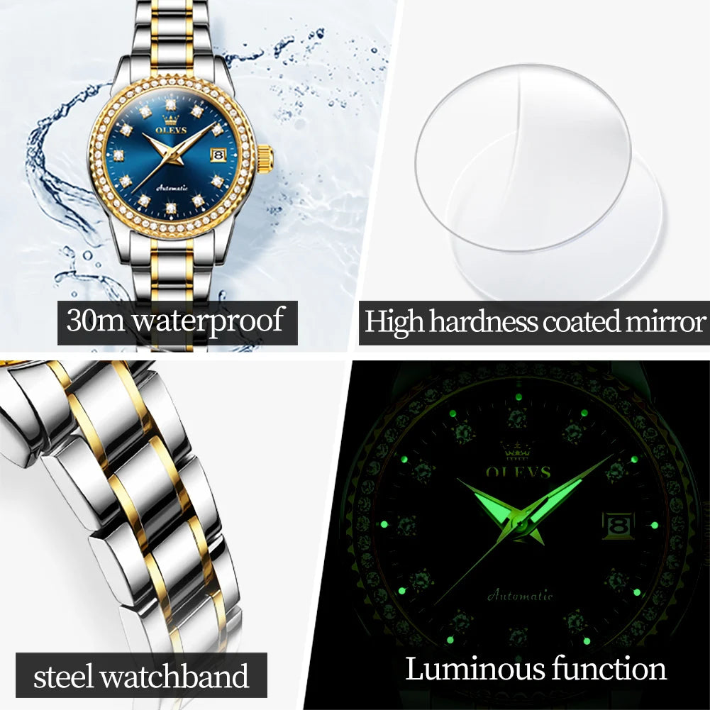 OLEVS Automatic Watch for Women Diamond Gold Luxury Stainless Steel Elegant Original Women's Automatic Watch Necklace Gift Set
