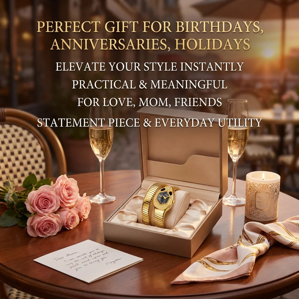 A high-end trendy and personalized quartz watch with a golden snake shaped strap for women