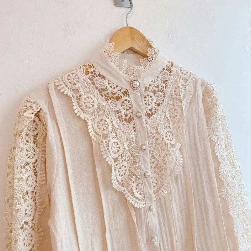Women’s Elegant Lace Trim Shirts/Casual Victorian Blouse/Long Sleeve Button Down Tops