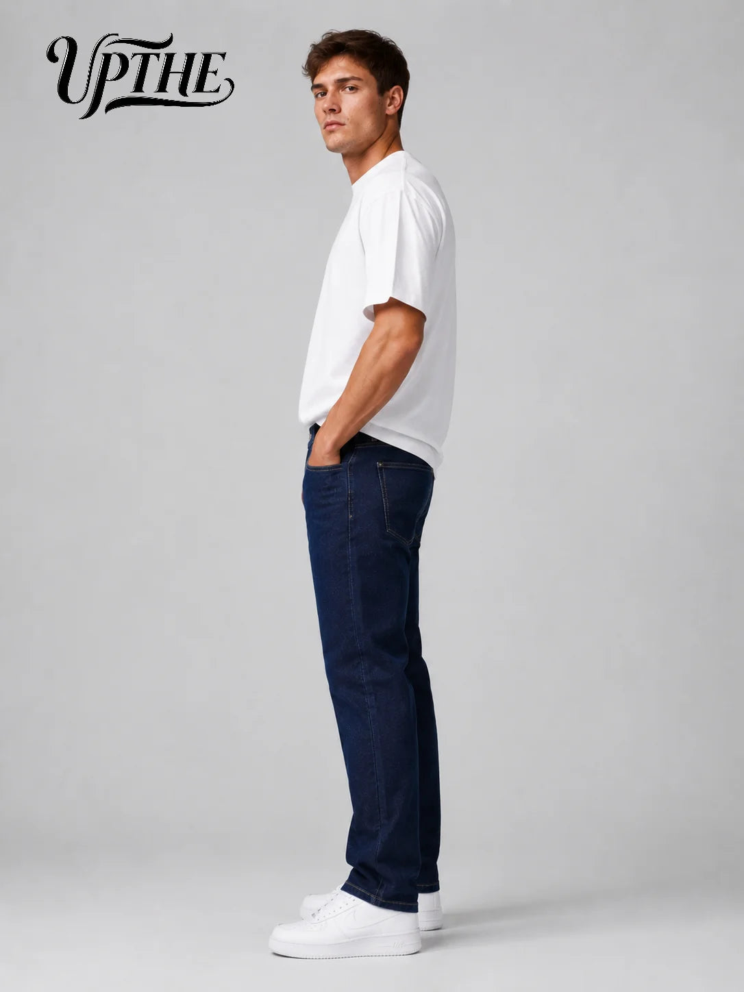 UP.THE Men Dark Blue Slim Fit Straight Leg Jeans, Classic Stretch Denim Pants, Casual Streetwear Trousers for Daily Work & Daily Outfits